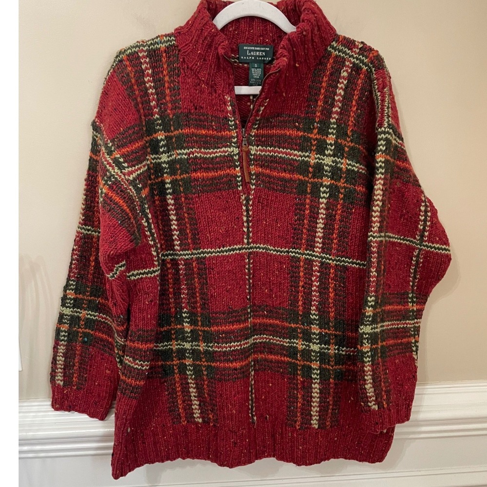 Lauren Ralph Lauren Vtg Hand Knit Wool Red Plaid 1/4 Zip Donegal Sweater Size S